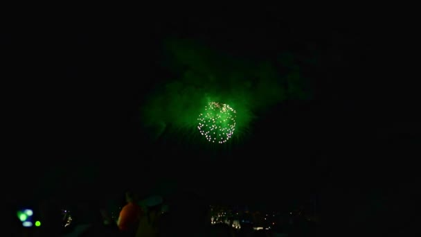 Mostrar. Mujeres y hombres haciendo fotos y filmando espectáculos del festival de fuegos artificiales — Vídeos de Stock