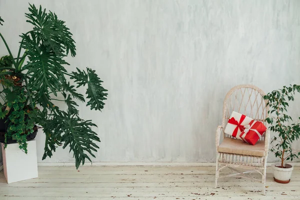 Chaise blanche avec des plantes et des cadeaux dans la chambre grise — Photo