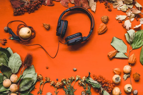 autumn background music headphones yellow leaves in the red table