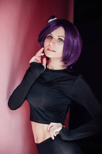 Portrait of a beautiful woman anime cosplayer with purple hair — Stock Photo, Image