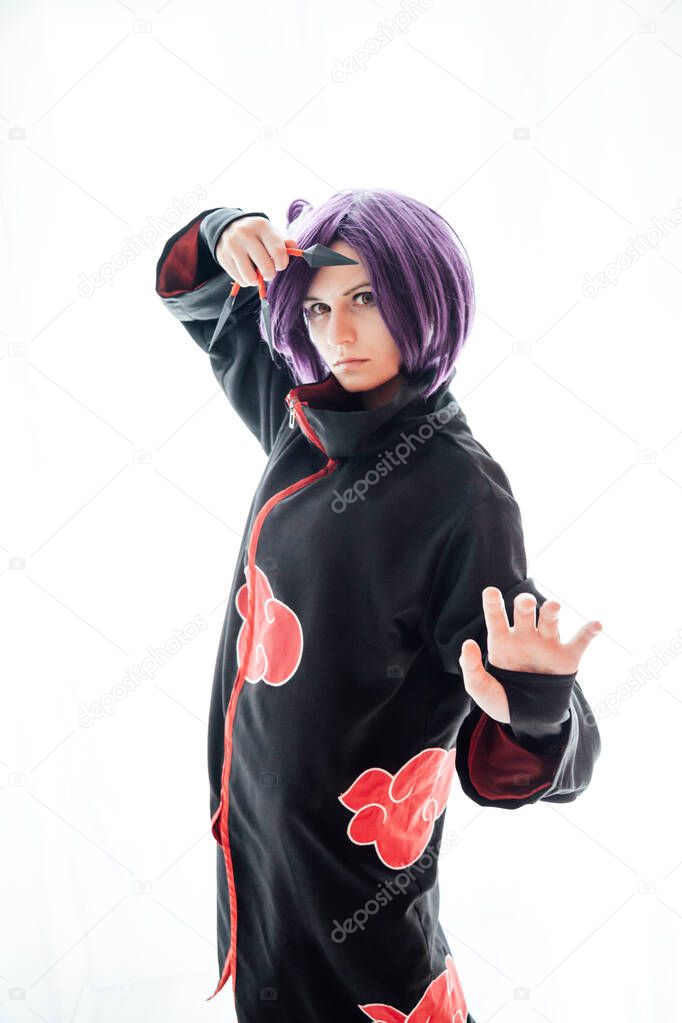 Anime cosplayer girl with purple hair superhero