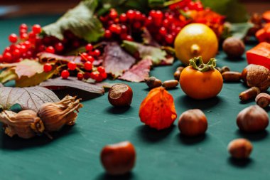 meyve fındık yemek sonbahar sarı ve kırmızı yaprakları