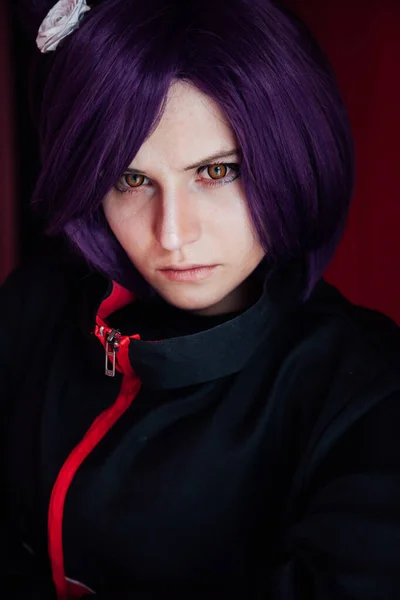 Girl cosplayer with purple hair anime Japan — Stock Photo, Image