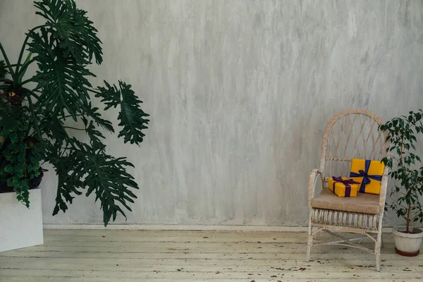 Chaise blanche avec des cadeaux avec des plantes à la maison à l'intérieur d'une chambre grise vintage — Photo