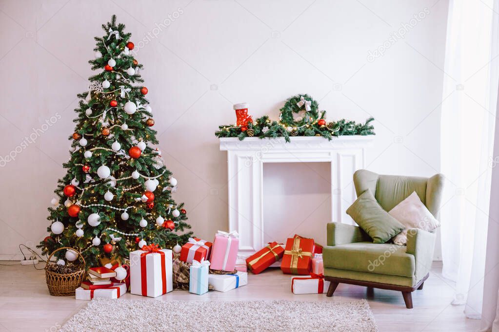 Christmas tree with presents, Garland lights new year holiday decor