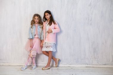Gri bir arka planda beyaz pembe elbiseli iki güzel moda kızın portresi.