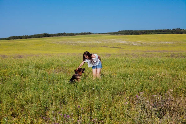 Moeder en zoon wandelen met hond in geel veld — Stockfoto