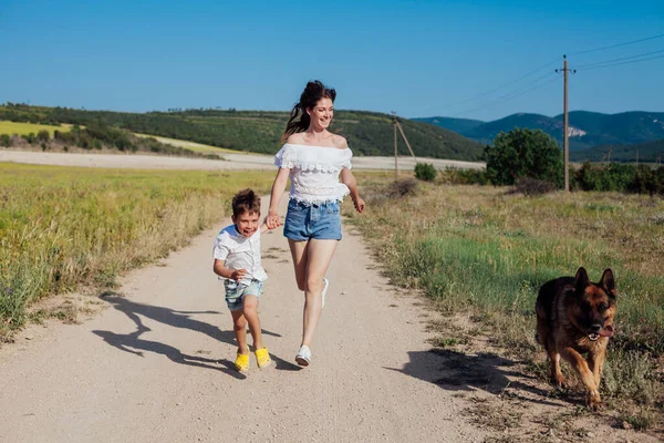 노란색 들판에서 개와 함께 걷는 엄마 와아들 — 스톡 사진