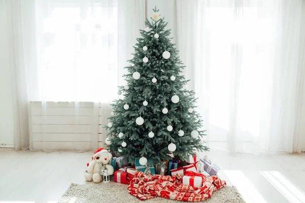 Interior White Room Blue Christmas Tree Gifts New Year Decor — Stock Photo, Image