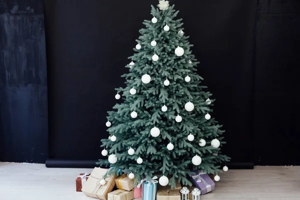 Interior Blue Christmas Tree Gifts New Year Decor Winter Black — Stock Photo, Image