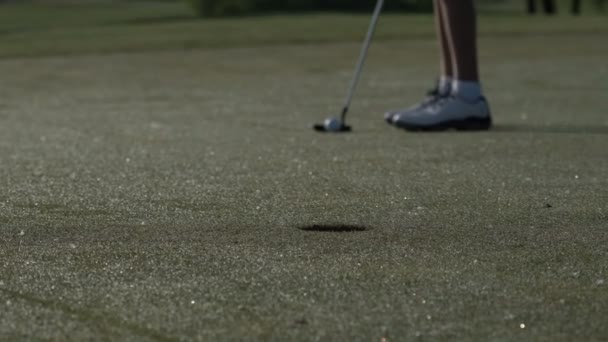 Junior golfista hrát golf na léto s bít střílel na zelené trávě — Stock video