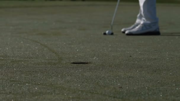 Hombre golfista poniendo una pelota de golf en el agujero — Vídeos de Stock