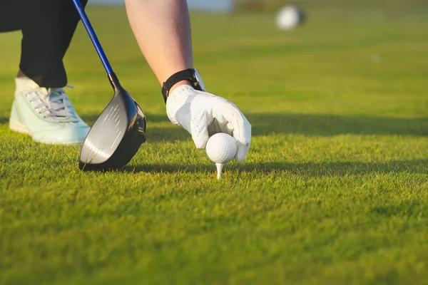 Mão colocando bola de golfe no tee — Fotografia de Stock