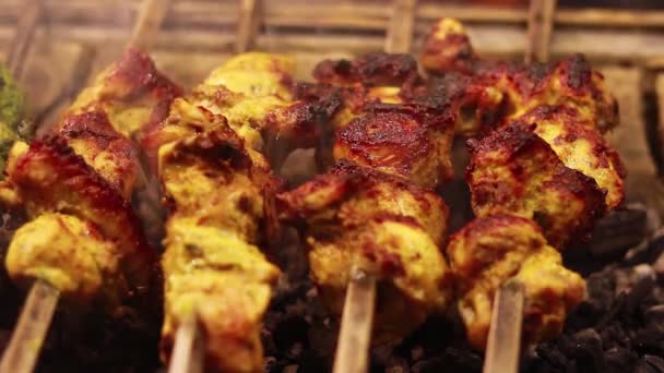 Carne Parrilla Fuego Untada Con Cepillo Con Mantequilla Seekh Kebab — Vídeos de Stock