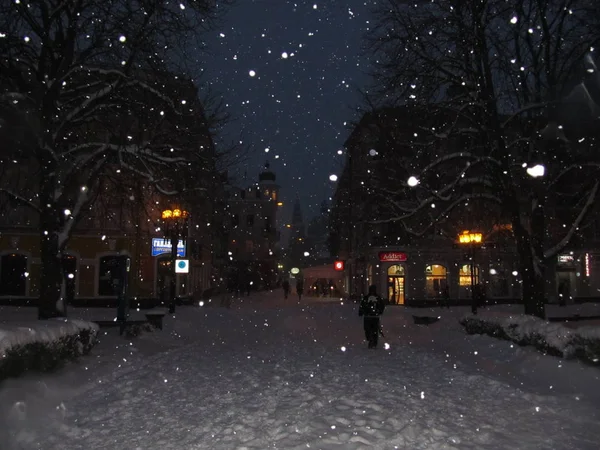 Свет Вечернего Города Сквозь Падающие Снежинки Снежинки Фоне Вечернего Города — стоковое фото
