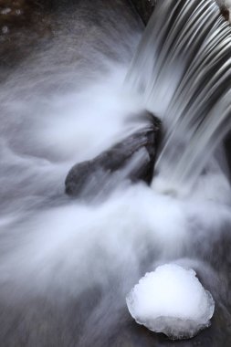 Küçük şelale hissedeceğime Nehri üzerinde. Taş şelale altında nehrin dibinde. Temiz su ile kış nehir. Telefon ve tablet şelale ile arka plan. Ternopil park şelale.