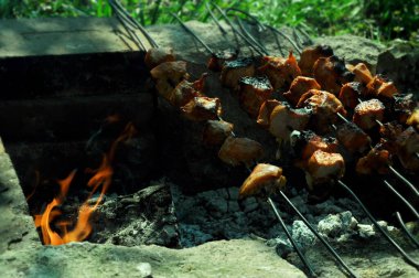 Şiş kebap, doğal koşullarda. Dinlenmiş yemek. Etli şişler. Ateşte yemek pişirmek.. 