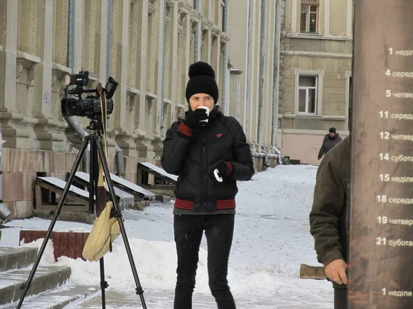 Зимние Фотографы 2013 Украинская Зима 2013 Года Европейский Майдан Тернополе — стоковое фото