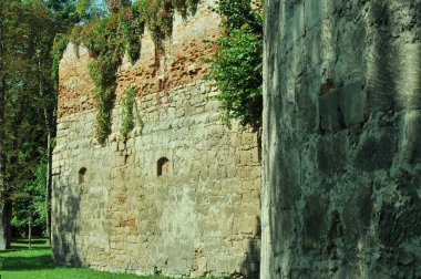 Ternopil 'in Brzezany kasabasındaki eski kale. Brzezany 'nin antik mimarisi. Ortaçağ şatosunun yakınında güneşli bir yaz günü. Ortaçağ mimarisi. 