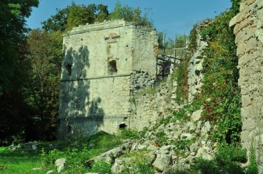 Ternopil 'in Brzezany kasabasındaki eski kale. Brzezany 'nin antik mimarisi. Ortaçağ şatosunun yakınında güneşli bir yaz günü. Ortaçağ mimarisi. 