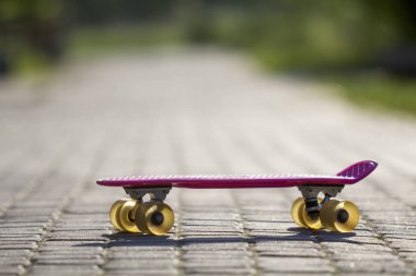 Yakın çekim çocuk plastik pembe parlak beyaz ve yeşil bulanık bokeh arka plan üzerinde izole kaldırım kaykay. Spor, eğlence, eğlenceli ve çalış kavramı.