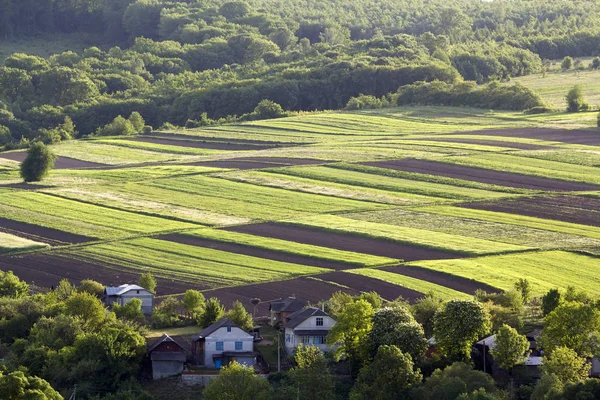 Hava geniş kırsal bahar panorama güneş tarafından yaktı renkli dikdörtgen sürülmüş ve yeşil alanların yoğun orman ve köy evler meyve bahçeleri arasında çevrili. Güzellik ve uyum doğa kavramının.