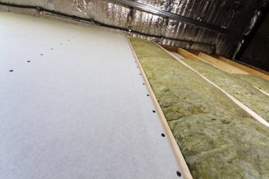 Alçıpan plakalar ile gelecekteki duvarlar için ahşap çerçeve kaya yünü ve fiberglas ile yalıtım personel soğuk bariyer için yalıtılmış. Rahat sıcak ev, ekonomi, inşaat ve tadilat kavramı.