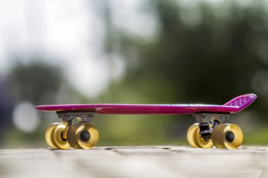 Yakın çekim çocuk plastik pembe parlak beyaz ve yeşil bulanık bokeh arka plan üzerinde izole kaldırım kaykay. Spor, eğlence, eğlenceli ve çalış kavramı.