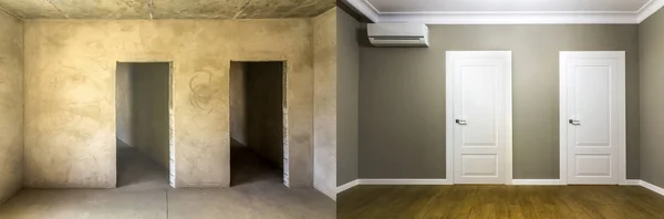 Comparación Una Habitación Apartamento Antes Después Las Obras Renovación Nueva — Foto de Stock