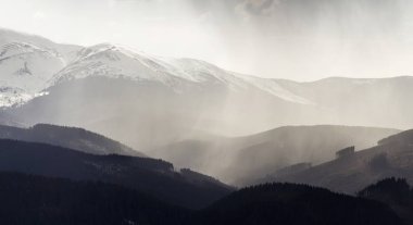 Muhteşem sisli Karpat Dağları'nın nefes kesen manzarası puslu sessiz sabah veya akşam karanlık bulutlu gökyüzü altında hiç yeşil orman ile kaplı. Dağlar başında mesafe kar ile kaplı.