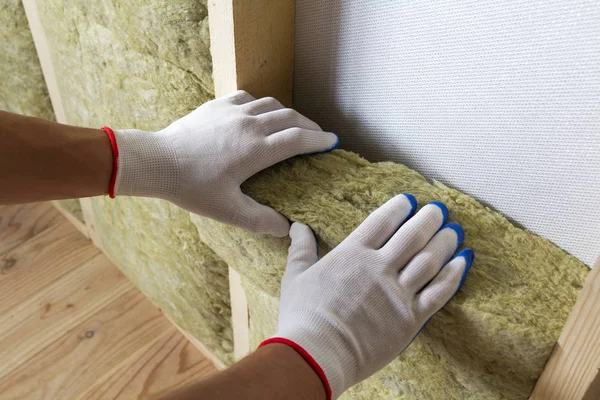 Close Worker Hands White Gloves Insulating Rock Wool Insulation Staff — Stock Photo, Image