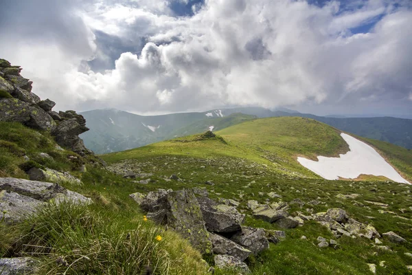 Vaste Panorama Éclairé Par Plateau Montagne Ensoleillé Avec Herbe Verte — Photo