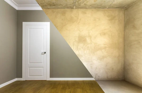 改装工事の前後にアパートの部屋の比較です 漆喰や塗り壁 白いドア木製オーク材の床と新しい家のインテリア 不動産開発コンセプト — ストック写真