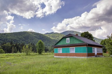 Huzurlu kırsal yaz manzara parlak güneşli gün. Güzel ahşap konut ev ormanlık dağlar arka plan üzerinde çiçek açan otsu çayır üzerinde yeşil, mavi ve kahverengi renklerde boyanmış sun tarafından yaktı.