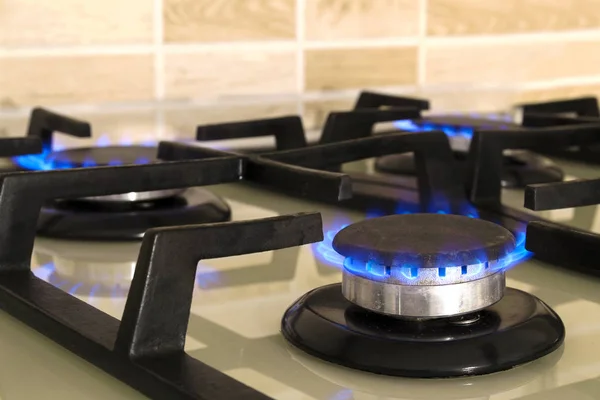 Closeup Shot Blue Fire Domestic Kitchen Stove Top Gas Cooker — Stock Photo, Image