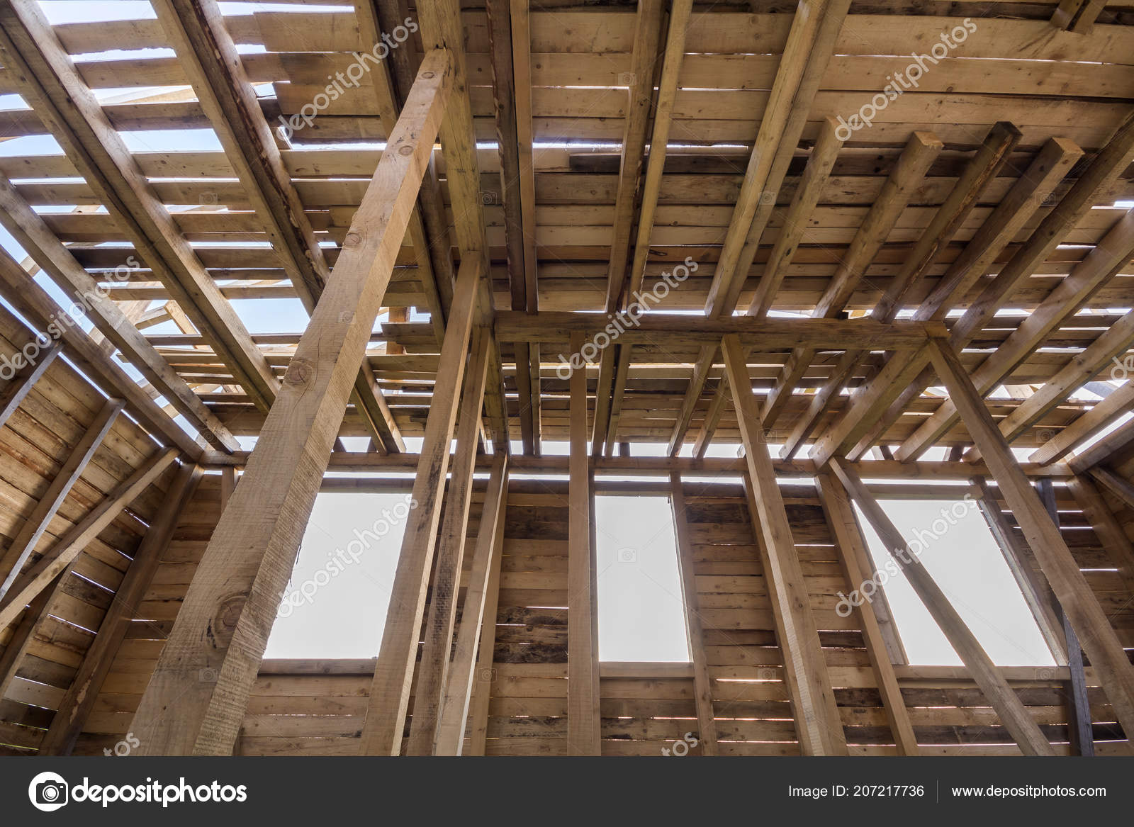 New Wooden House Construction Close Walls Ceiling Frame
