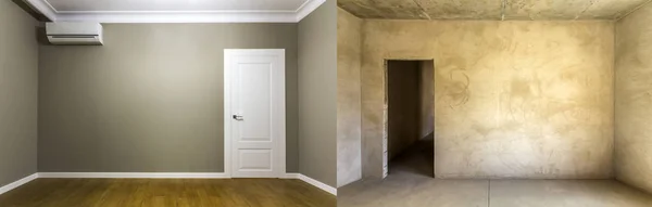 Porovnání Místnost Bytě Před Rekonstrukcí Nový Interiér Domu Omítnuté Natřené — Stock fotografie