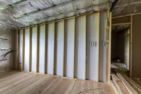 Room Construction Renovation Silver Aluminum Foil Walls Ceiling Oak Floor — Stock Photo, Image