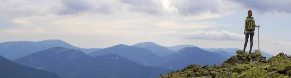 Πίσω Όψη Του Νεαρή Λεπτή Backpacker Τουριστικά Κορίτσι Ραβδί Στέκεται — Φωτογραφία Αρχείου