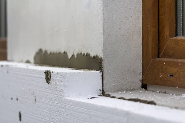 Detalhe Close Parede Casa Rebocada Com Isolamento Isopor Rígido Tecnologia — Fotografia de Stock