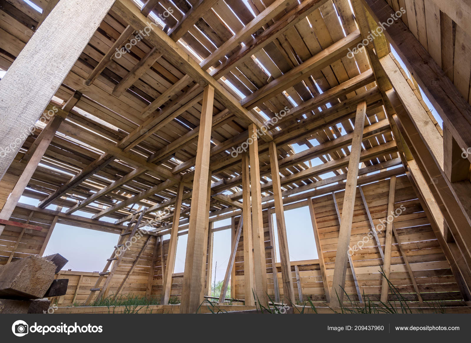New Wooden House Construction Close Walls Ceiling Frame