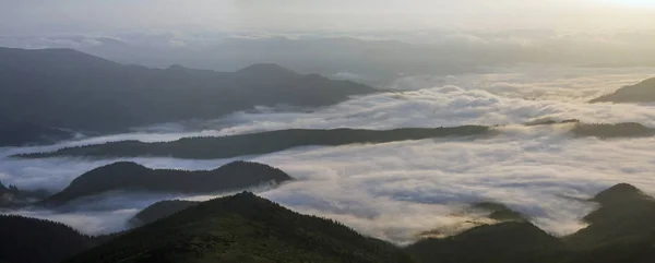 Fantástica Vista Del Valle Montaña Cubierto Nubes Blancas Bajas Hinchadas —  Fotos de Stock