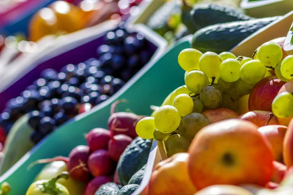 Çiftçilerin piyasa ile çeşitli renkli taze meyve ve sebze meyve