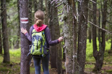 Sopa ve yürüme sırt çantası ile ince atletik sarışın turist uzun yürüyüşe çıkan kimse kızın arkadan görünüm güneş yoğun herdem yeşil dağ çamı ormanıyla yaktı. Turizm, seyahat, hiking ve sağlıklı yaşam konsepti.