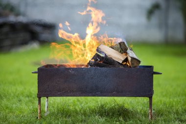 Yakın çekim parlak metal kutuda yanan odun Barbekü güneşli yaz gününde açık için günlüğe kaydeder. Turuncu yüksek alev üzerinde bulanık mavi gökyüzü ve yeşil çim arka plan. Kamp, Emanet ve Turizm kavramı.