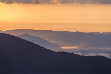 Geniş panorama, fantastik görünümünü parlak açık turuncu gökyüzü kopya alan arka plan üzerinde gün batımında sabah sis yeşil Karpat Dağları ile kaplı. Güzellik, Doğa, turizm ve seyahat kavramı.