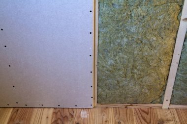 Alçıpan plakalar ile gelecekteki duvarlar için ahşap çerçeve kaya yünü ve fiberglas ile yalıtım personel soğuk bariyer için yalıtılmış. Rahat sıcak ev, ekonomi, inşaat ve tadilat kavramı.