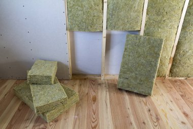 Alçıpan plakalar ile gelecekteki duvarlar için ahşap çerçeve kaya yünü ve fiberglas ile yalıtım personel soğuk bariyer için yalıtılmış. Rahat sıcak ev, ekonomi, inşaat ve tadilat kavramı.