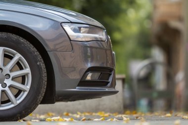 Kiev, Ukrayna - 9 Temmuz 2018: Yan görünüm yeşillik bokeh arka plan üzerinde gölgeli yeşil ağaç altında döşeli güneşli Caddesi üzerinde park edilmiş modern gümüş parlak araba. Ulaşım, hız, zerafet, lüks konsepti.