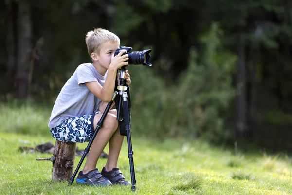 Mladá Blond Dítě Chlapec Sedí Pařezu Travnatou Mýtinu Vyfotit Fotoaparátem — Stock fotografie